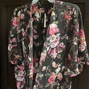 Floral Kimono Cardigan Cover up Black and Pink